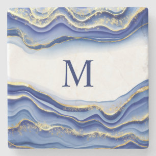 Monogram Blue White Glitter Agate Geode Gift Stenen Onderzetter