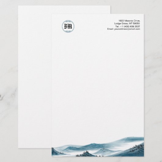 Monogram Blue White Mountain-Uitzicht Briefpapier (Voorkant / Achterkant)