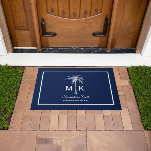 Monogram Blue White Palm Tree Personalized Deurmat (Buiten)