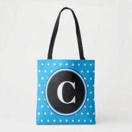 Monogram Blue White Polka Dots Tote Bag