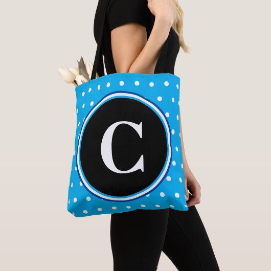 Monogram Blue White Polka Dots Tote Bag (Dichtbij)