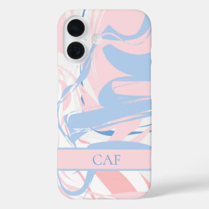 Monogram Blue White Roze marmer Swirl iPhone 16 Hoesje