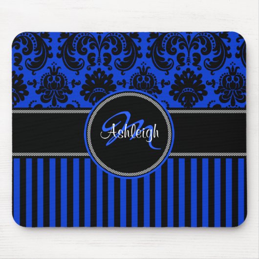 Monogram Blue White Stripe Damask Mousepad Muismat (Voorkant)