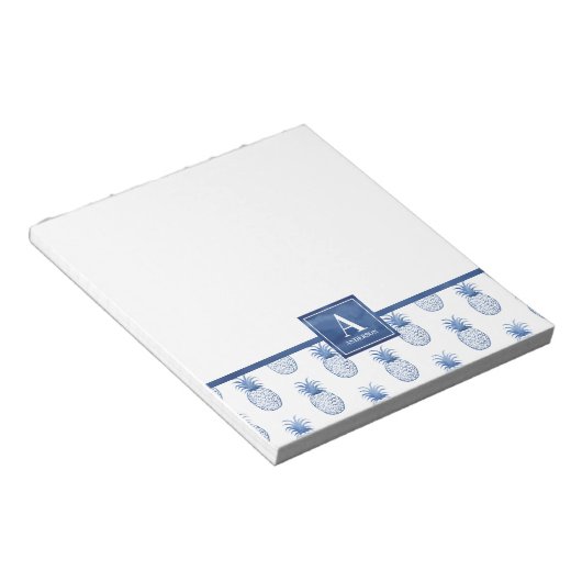 Monogram Blue White Waterverf Pineappel Notitieblok (Schuin)