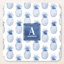 Monogram Blue White Waterverf Tropische anananas Kartonnen Onderzetters