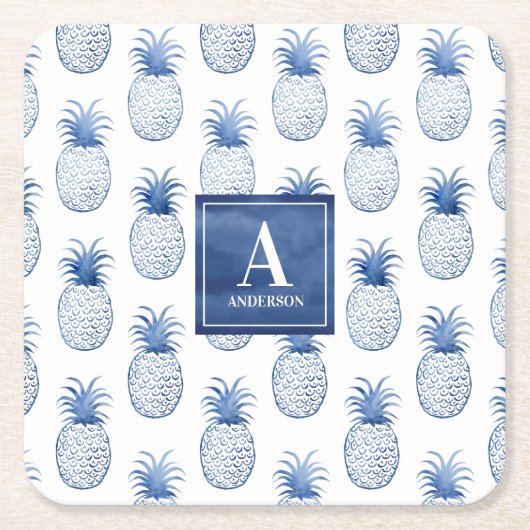 Monogram Blue White Waterverf Tropische anananas Kartonnen Onderzetters (Voorkant)