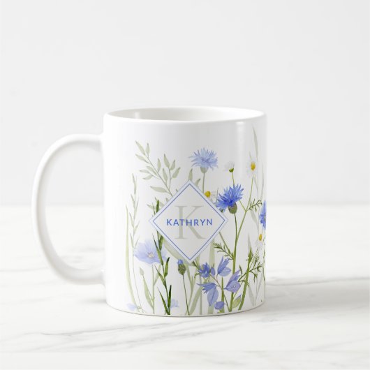 Monogram Blue Wild Flower Personalized Koffiemok (Links)