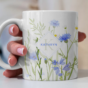 Monogram Blue Wild Flower Personalized Koffiemok