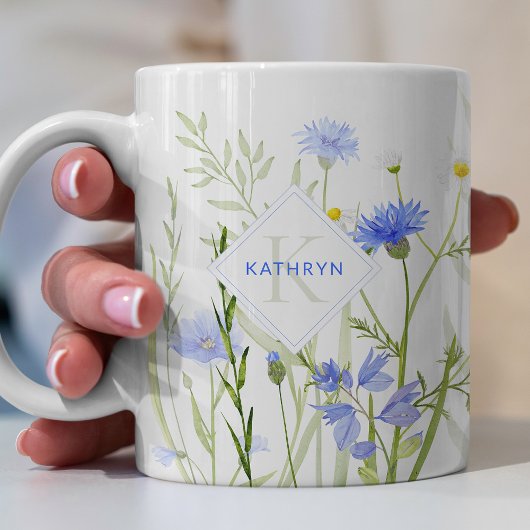 Monogram Blue Wild Flower Personalized Koffiemok
