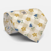Monogram, Bluebells Gold Flowers on Plaid Check Stropdas (Opgerold)