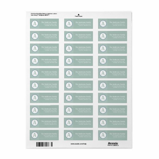 Monogram BlueGreen White Polka Dot Address Label (Full Sheet)