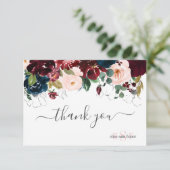 Monogram Blush Burgundy Navy Waterverf Flowers Bedankkaart (Staand voorkant)