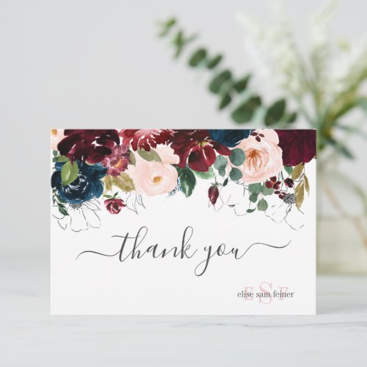 Monogram Blush Burgundy Navy Waterverf Flowers Bedankkaart (Staand voorkant)