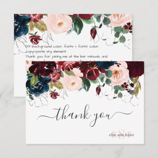 Monogram Blush Burgundy Navy Waterverf Flowers Bedankkaart (Voorkant / Achterkant)