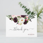 Monogram Blush Burgundy Waterverf Flowers Bedankkaart (Staand voorkant)