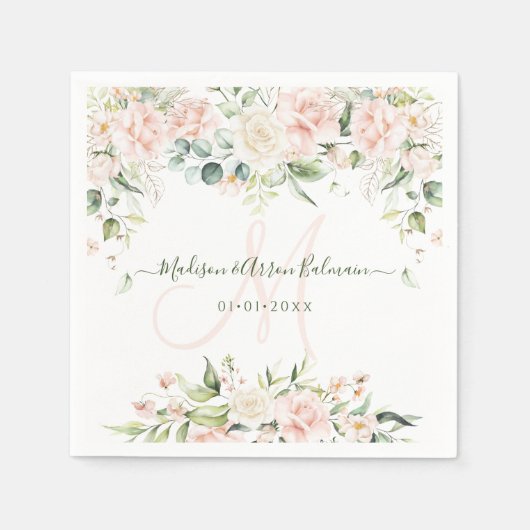 Monogram Blush Cream Rozen Eucalyptus Alle gebeurt Servet (Voorkant)