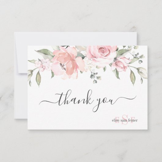 Monogram Blush Dusty Roos Waterverf Flowers Bedankkaart (Voorkant)