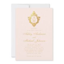 Monogram Blush Faux Goud Bloemen Crest Roze Bruilo