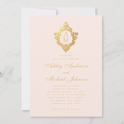Monogram Blush Faux Goud Bloemen Crest Roze Bruilo Kaart (Voorkant)