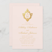 Monogram Blush Faux Goud Bloemen Crest Roze Bruilo Kaart (Voorkant / Achterkant)