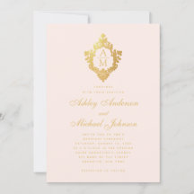 Monogram Blush Faux Goud Bloemen Crest Roze Bruilo