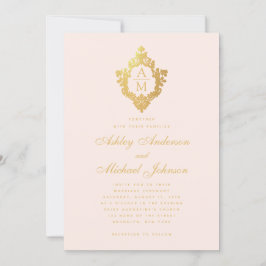 Monogram Blush Faux Goud Bloemen Crest Roze Bruilo Kaart