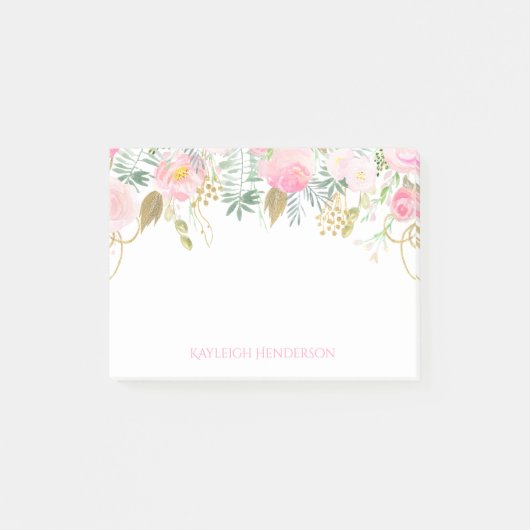Monogram Blush Pink and Gold Waterverf Flowers Post-it® Notes (Voorkant)