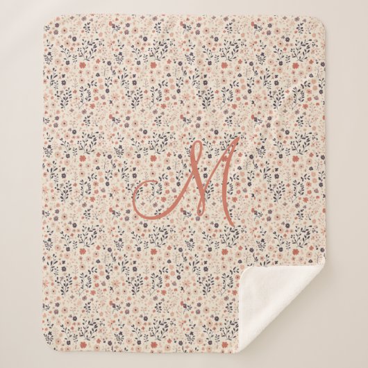 Monogram Blush Pink Boho Paarse Koraal Wildflowers Sherpa Deken (Voorkant)