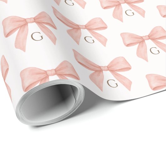 Monogram Blush Pink Bow Watercolor Cadeaupapier (Rol Hoek)