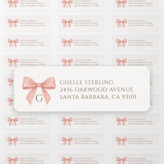 Monogram Blush Pink Bow Watercolor Etiket