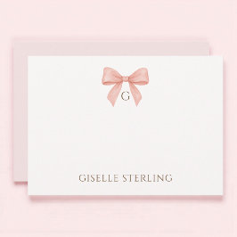 Monogram Blush Pink Bow Watercolor Note Card Kaart