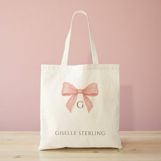 Monogram Blush Pink Bow Watercolor Tote Bag