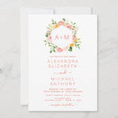 Monogram Blush Pink Citrus Floral Wedding Invitati Kaart (Voorkant)