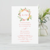 Monogram Blush Pink Citrus Floral Wedding Invitati Kaart (Staand voorkant)