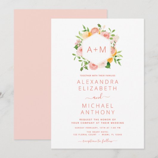 Monogram Blush Pink Citrus Floral Wedding Invitati Kaart (Voorkant / Achterkant)