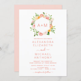 Monogram Blush Pink Citrus Floral Wedding Invitati Kaart