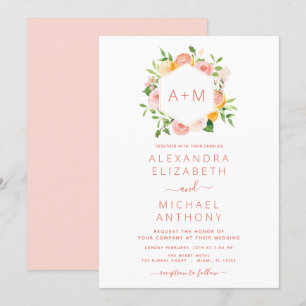 Monogram Blush Pink Citrus Floral Wedding Invitati Kaart