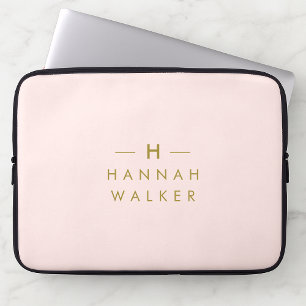 Monogram Blush Pink   Elegant Gold Minimalist Laptop Sleeve