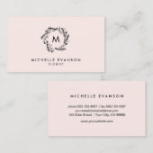 Monogram Blush Pink en Black Floral Wreate Visitekaartje (Voorkant / Achterkant)