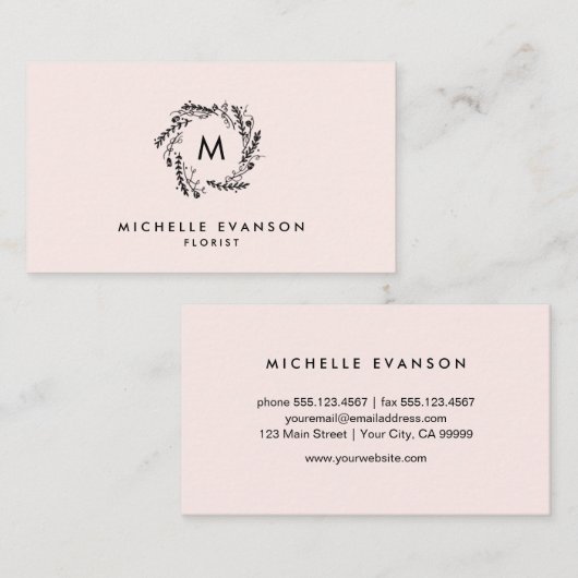 Monogram Blush Pink en Black Floral Wreate Visitekaartje (Voorkant / Achterkant)