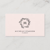 Monogram Blush Pink en Black Floral Wreate Visitekaartje (Voorkant)