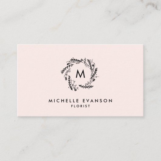 Monogram Blush Pink en Black Floral Wreate Visitekaartje (Voorkant)