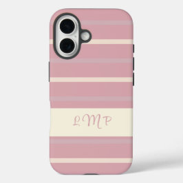 Monogram Blush Pink en Cream Stripe Pattern iPhone 16 Hoesje