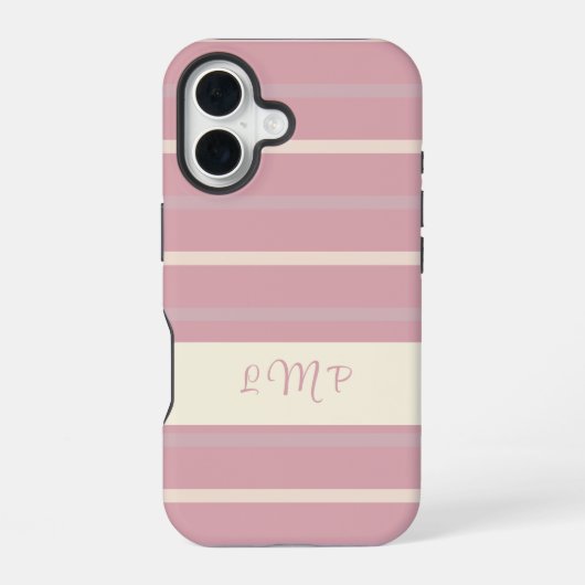 Monogram Blush Pink en Cream Stripe Pattern iPhone 16 Hoesje (Achterkant)