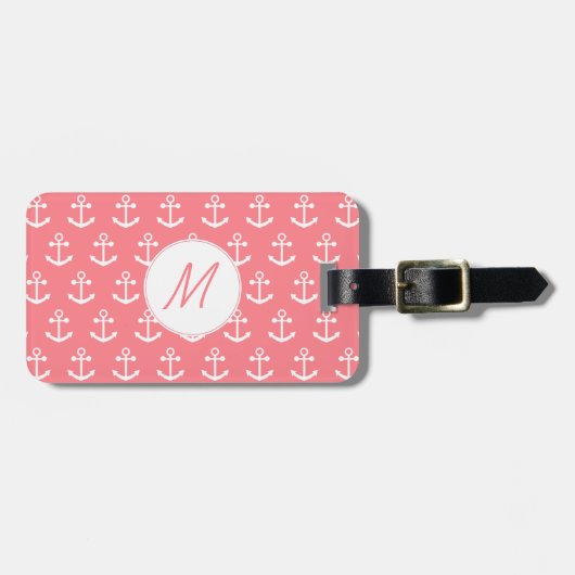 Monogram Blush Pink en White Nautical Anchor Bagagelabel (Voorkant horizontaal)