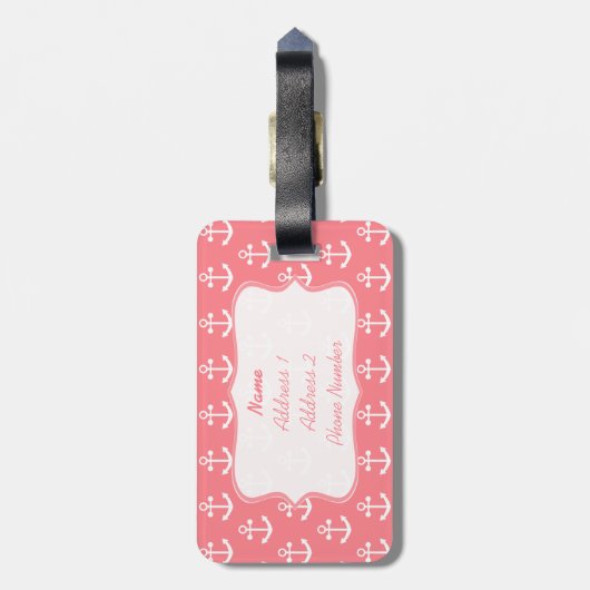 Monogram Blush Pink en White Nautical Anchor Bagagelabel (Achterkant verticaal)