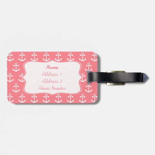 Monogram Blush Pink en White Nautical Anchor Bagagelabel (Achterkant horizontaal)