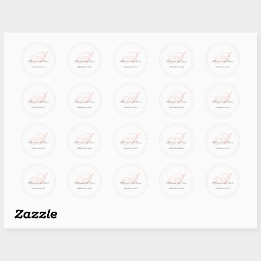 Monogram Blush Pink en White Ronde Sticker (Vel)