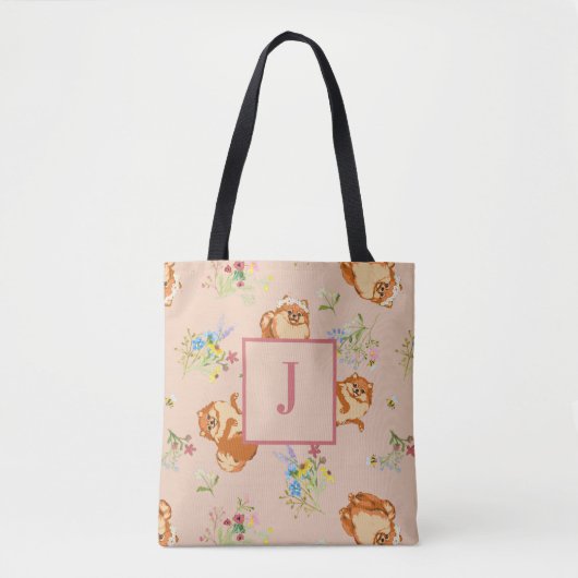 Monogram Blush Pink Floral Pommeren Patroon Tote Bag (Voorkant)