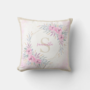 Monogram Blush Pink Floral Waterverf Elegant Kussen